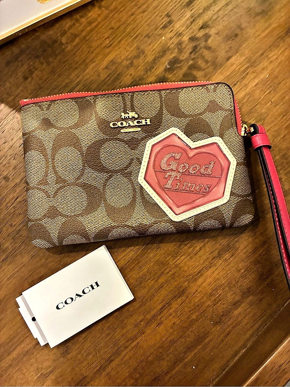 Coach Zip Wristlet In Signature Canvas With Disco Patch Zip in Brown & Pink NWT